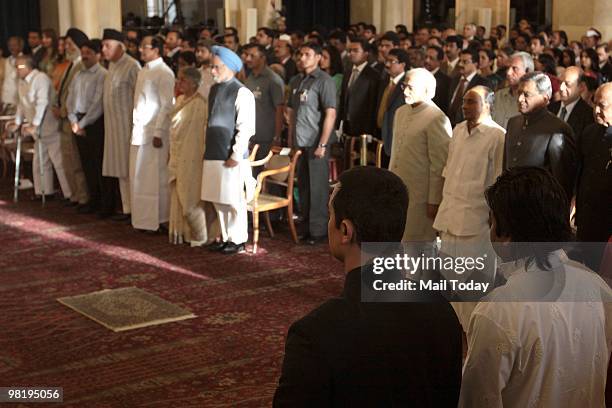 Prime Minister Manmohan Singh, P.Chidambaram, Padma Bhushan awardees actor Aamir Khan, music composer A R Rahman and Others at the 2010 Padma awards...