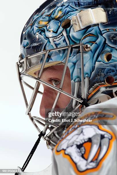 Goaltender Dan Ellis of the Nashville Predators on the ice prior to the start of the game against the Florida Panthers at the BankAtlantic Center on...