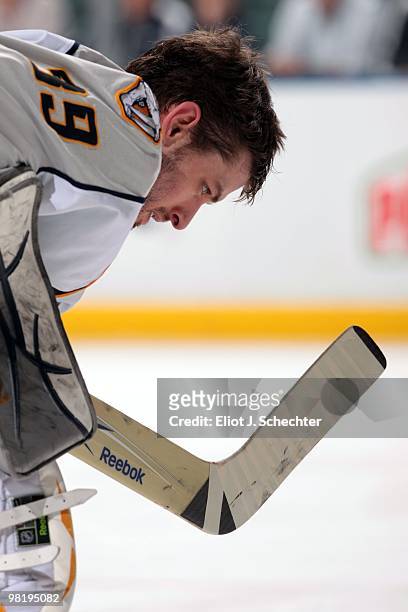 Goaltender Dan Ellis of the Nashville Predators on the ice during a break in the play against the Florida Panthers at the BankAtlantic Center on...