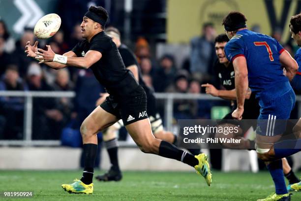 Reiko Ioane of the All Blacks runs in for a try during the International Test match between the New Zealand All Blacks and France at Forsyth Barr...