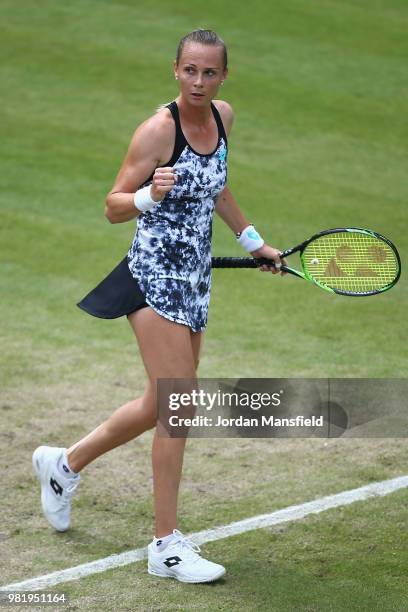 Magdalena Rybarikova of Slovakia celebrates a point during her singles semi-final match against Barbora Strycova of the Czech Republic during day...