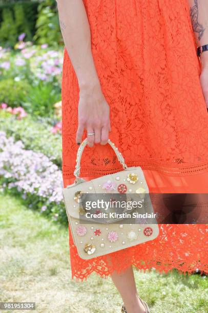 Victoria Pendleton, bag detail, attends day 5 of Royal Ascot at Ascot Racecourse on June 23, 2018 in Ascot, England.
