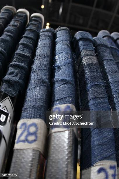 Detail view of the Florida Panthers sticks lined up on the rack ready to go prior to the start of the game against he Nashville Predators at the...