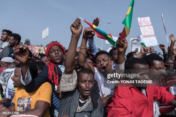 Supporters of Ethiopia Prime Minister attend a rally on Meskel Square in Addis Ababa on June 23, 2018. - A blast at a rally in Ethiopia's capital...