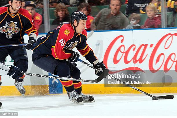 Shawn Matthias of the Florida Panthers skates with the puck against the Nashville Predators at the BankAtlantic Center on March 29, 2010 in Sunrise,...