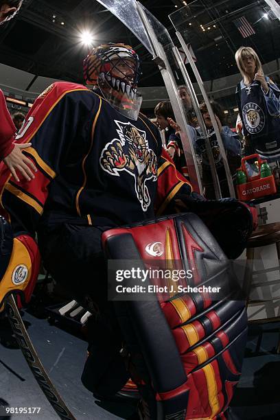 Goaltender Scott Clemmensen of the Florida Panthers heads out to the ice prior to the start of the game against the Nashville Predators at the...