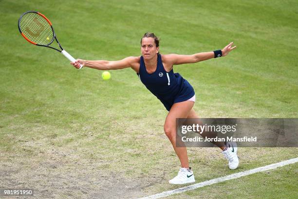 Barbora Strycova of the Czech Republic plays a forehand in her singles semi-final match against Magdalena Rybarikova of Slovakia during day eight of...