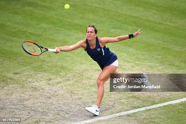 Barbora Strycova of the Czech Republic plays a forehand in her singles semi-final match against Magdalena Rybarikova of Slovakia during day eight of...