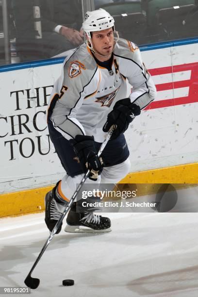 Shea Weber of the Nashville Predators skates with the puck against the Florida Panthers at the BankAtlantic Center on March 29, 2010 in Sunrise,...