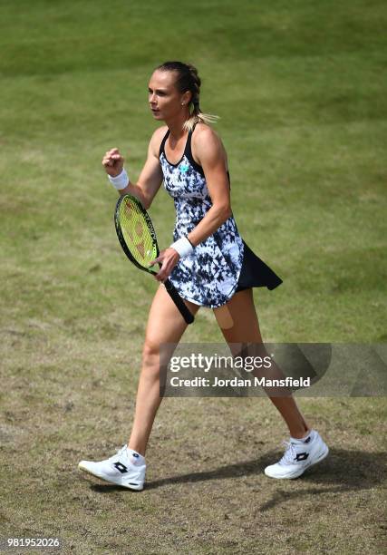 Magdalena Rybarikova of Slovakia celebrates a point during her singles semi-final match against Barbora Strycova of the Czech Republic during day...