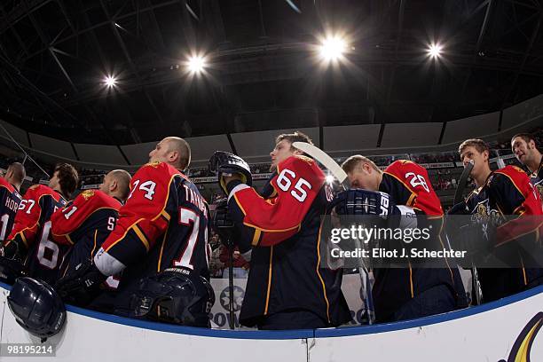 The Florida Panthers line up for the National Anthem prior to the start of the game against he Nashville Predators at the BankAtlantic Center on...