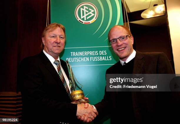 Horst Hrubesch receives the Football Trainer of the year 2009 award from Matthias Sammer at the Inter Conti hotel on April 1, 2010 in Cologne,...