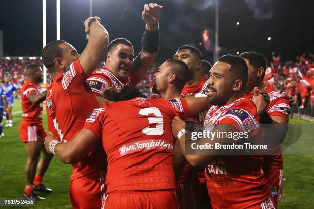 Konrad Hurrell of Tonga celebrates with team mates after scoring a try during the 2018 Pacific Test Invitational match between Tonga and Samoa at...