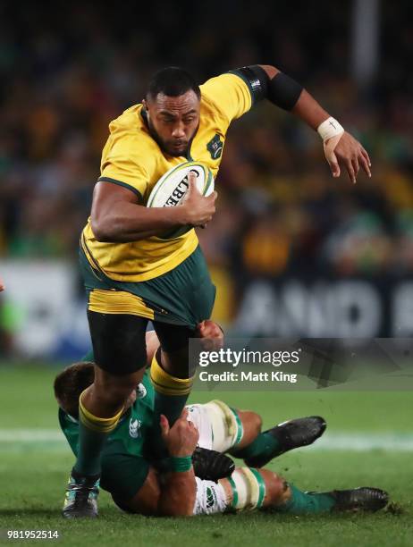 Sekope Kepu of the Wallabies is tackled during the Third International Test match between the Australian Wallabies and Ireland at Allianz Stadium on...