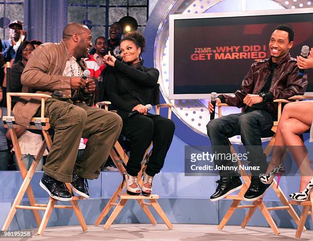 Malik Yoba, Janet Jackson and Terrence J. On the set of BET's "106 & Park" at BET Studios on March 31, 2010 in New York City.
