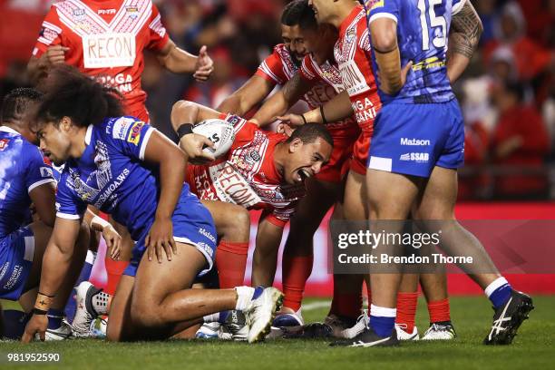 William Hopoate of Tonga celebrates after scoring a try during the 2018 Pacific Test Invitational match between Tonga and Samoa at Campbelltown...