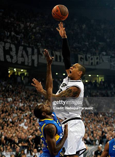 Lawrence Roberts of Partizan Belgrade reaches over during the Euroleague Basketball 2009-2010 Play Off Game 4 between Partizan Belgrade vs Maccabi...