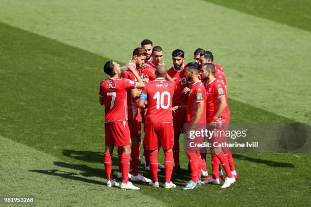 The Tunisia players form a team huddle prior to the 2018 FIFA World Cup Russia group G match between Belgium and Tunisia at Spartak Stadium on June...