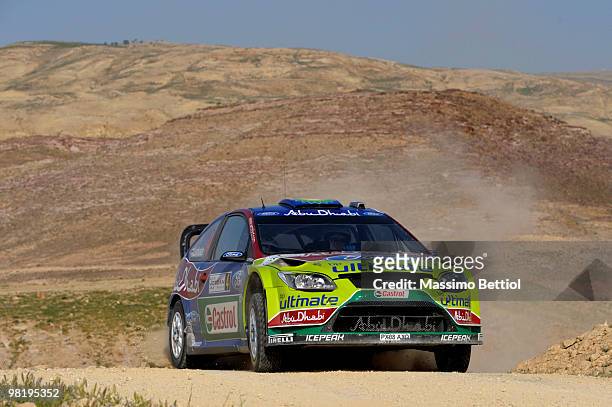Jari Matti Latvala of Finland and Mikka Anttila of Finland compete in their BP Abu Dhabi Ford Focus during Leg 1 of the WRC Rally Jordan on April 1,...