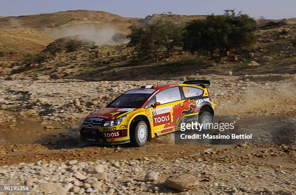 Petter Solberg of Norway and Phil Mills of Great Britain compete in their Citroen C4 during Leg1 of the WRC Rally Jordan on April 1, 2010 in Amman,...