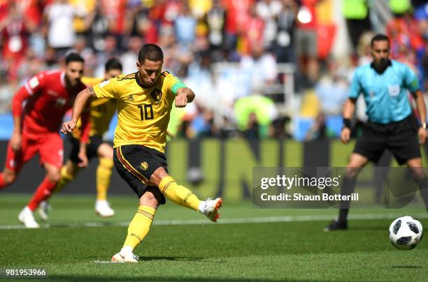 Eden Hazard of Belgium scores his team's first goal from the penalty spot during the 2018 FIFA World Cup Russia group G match between Belgium and...