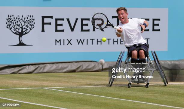 Alfie Hewett of Great Britain plays a forehand during the men's wheelchair match against Stefan Olsson of Sweden during Day 6 of the Fever-Tree...