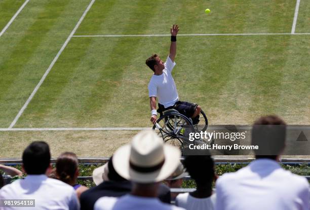 Alfie Hewett of Great Britain serves during the men's wheelchair match against Stefan Olsson of Sweden during Day 6 of the Fever-Tree Championships...