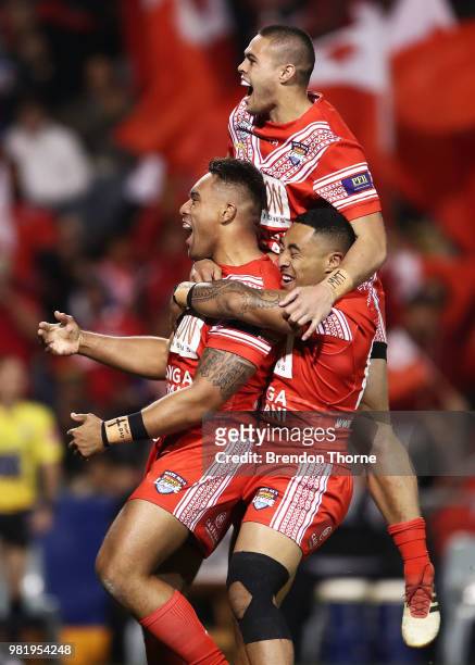 Junior Tatola of Tonga celebrates with team mates after scoring a try during the 2018 Pacific Test Invitational match between Tonga and Samoa at...
