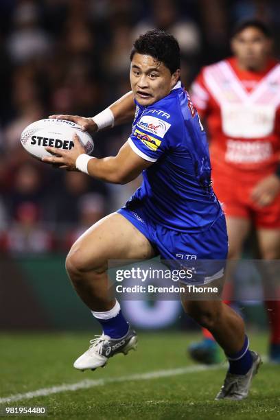 Mason Lino of Samoa runs the ball during the 2018 Pacific Test Invitational match between Tonga and Samoa at Campbelltown Sports Stadium on June 23,...