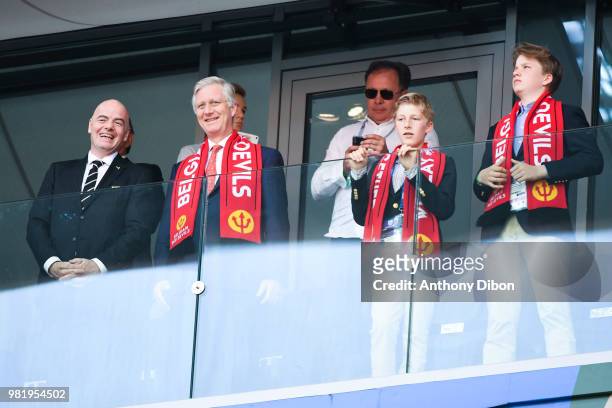 President Gianni Infantino, King of Belgium Philippe de Belgique, with Prince Emmanuel and Prince Gabriel during the FIFA World Cup Group G match...