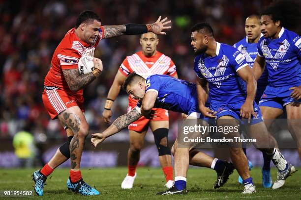 Andrew Fifita of Tonga is tackled by the Samoan defence during the 2018 Pacific Test Invitational match between Tonga and Samoa at Campbelltown...