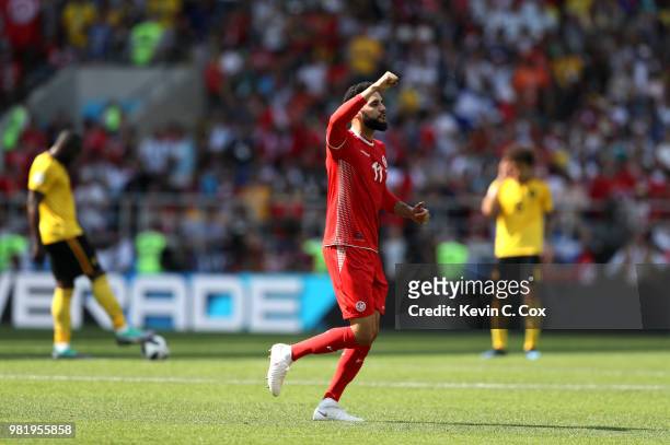 Dylan Bronn of Tunisia celebrates after scoring his team's first goal during the 2018 FIFA World Cup Russia group G match between Belgium and Tunisia...