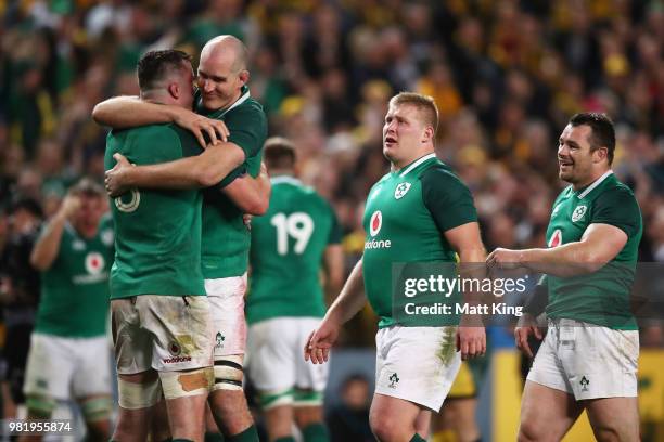 James Ryan and Devin Toner of Ireland celebrate victory at the end of the Third International Test match between the Australian Wallabies and Ireland...