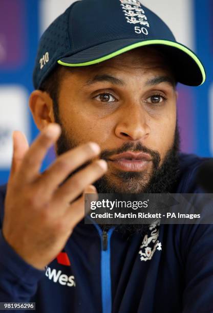 England's Adil Rashid speaks during a press conference at Emirates Old Trafford, Manchester.