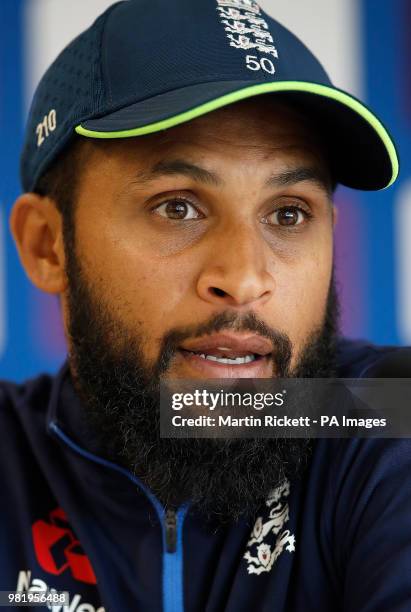 England's Adil Rashid speaks during a press conference at Emirates Old Trafford, Manchester.