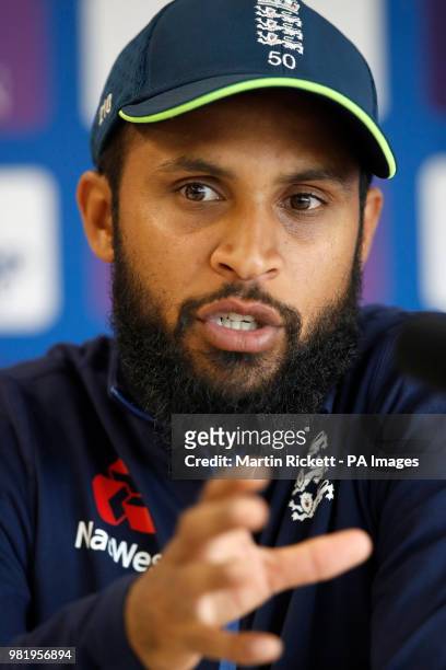 England's Adil Rashid speaks during a press conference at Emirates Old Trafford, Manchester.