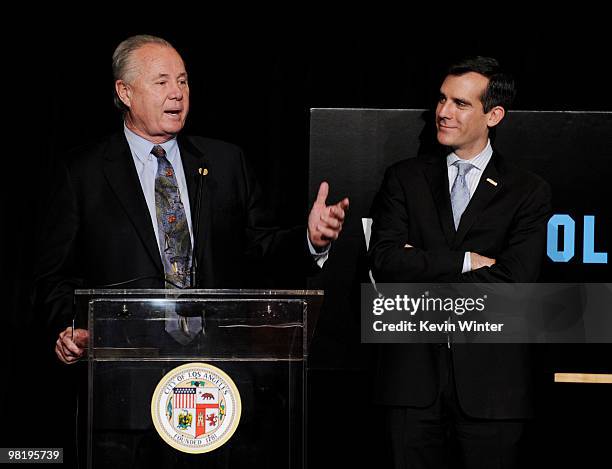 Los Angeles City Council member Tom LaBonge and City Council President Eric Garcetti speak at a press conference to announce the "Visit Hollywood...