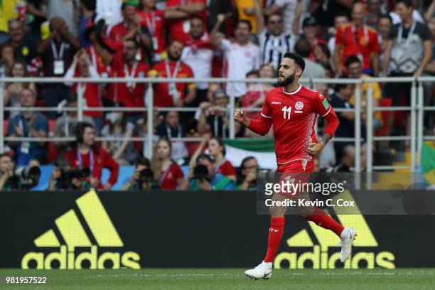 Dylan Bronn of Tunisia celebrates after scoring his team's first goal during the 2018 FIFA World Cup Russia group G match between Belgium and Tunisia...