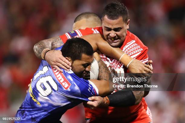 Ligi Sao of Samoais tackled by Andrew Fifita of Tonga during the 2018 Pacific Test Invitational match between Tonga and Samoa at Campbelltown Sports...