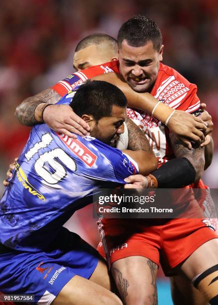 Ligi Sao of Samoais tackled by Andrew Fifita of Tonga during the 2018 Pacific Test Invitational match between Tonga and Samoa at Campbelltown Sports...