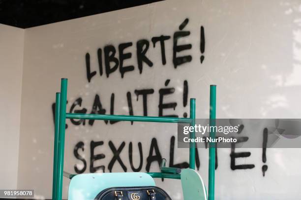 'Liberté Egalité Sexualité' written in the shop window of the Italian luxury brand Gucci owned by the French corporation Kering in Munich.