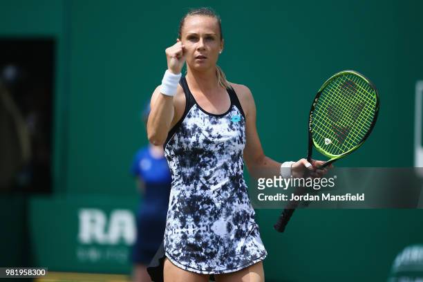 Magdalena Rybarikova of Slovakia celebrates at match point during her singles semi-final match against Barbora Strycova of the Czech Republic during...