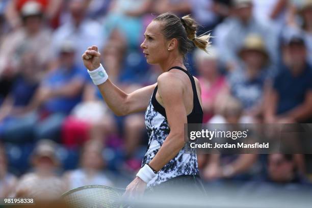 Magdalena Rybarikova of Slovakia celebrates a point during her singles semi-final match against Barbora Strycova of the Czech Republic during day...