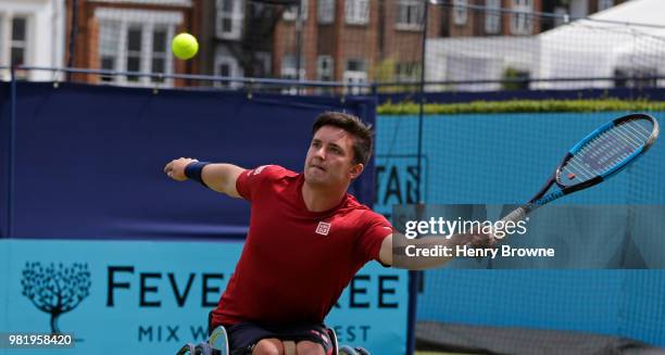 Gordon Reid of Great Britain plays a forehand during the men's wheelchair match against Stephane Houdet of France during Day 6 of the Fever-Tree...