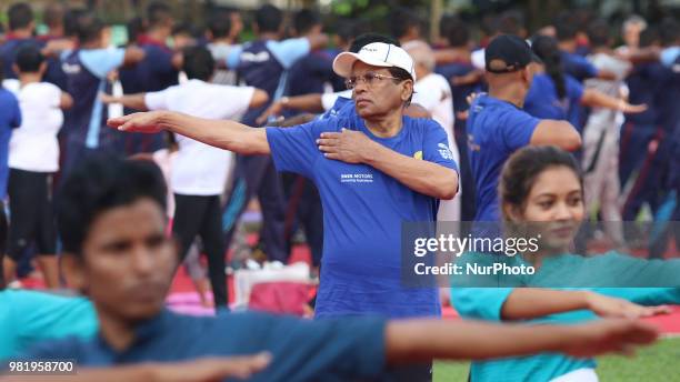 Sri Lankan president Maithripala Sirisena performs Yoga during an event to mark the International Yoga Day at the Independence Square, Colombo, Sri...