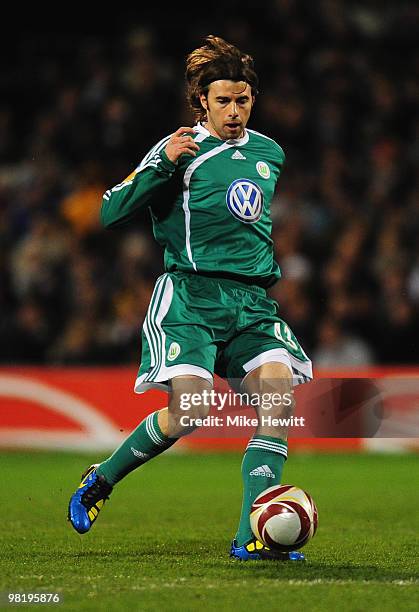 Andrea Barzagli of VfL Wolfsburg in action during the UEFA Europa League quarter final first leg match between Fulham and Vfl Wolfsburg at Craven...