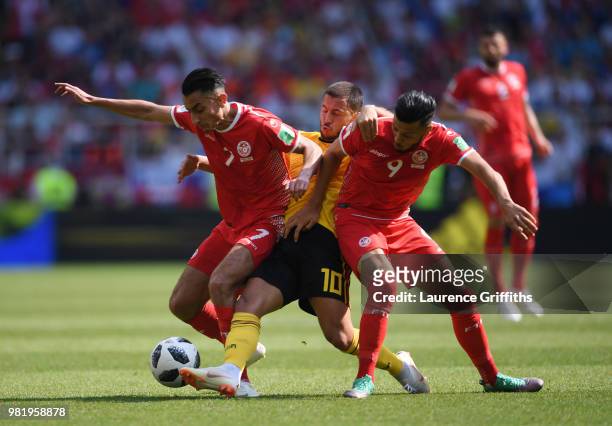Eden Hazard of Belgium battles for possession with Anice Badri and Saifeddine Khaoui of Tunisia during the 2018 FIFA World Cup Russia group G match...