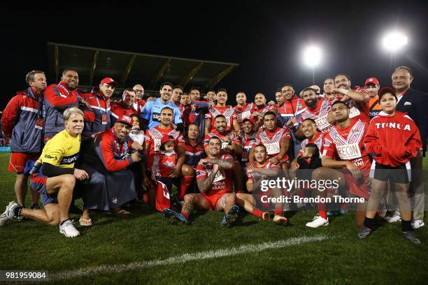 Tongan players pose for a photo at full time during the 2018 Pacific Test Invitational match between Tonga and Samoa at Campbelltown Sports Stadium...