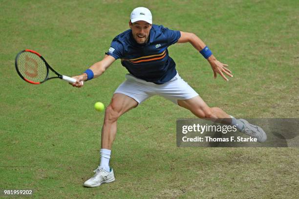 Roberto Bautista Agut of Spain plays a forehand in his half final match against Borna Coric of Croatia during day six of the Gerry Weber Open at...