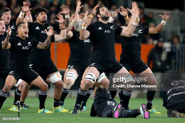 Samuel Whitelock of the All Blacks leads the Haka during the International Test match between the New Zealand All Blacks and France at Forsyth Barr...